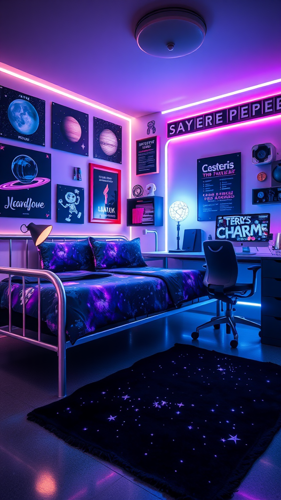 A futuristic dorm room with neon lights, space-themed artwork, and galaxy print bedding.