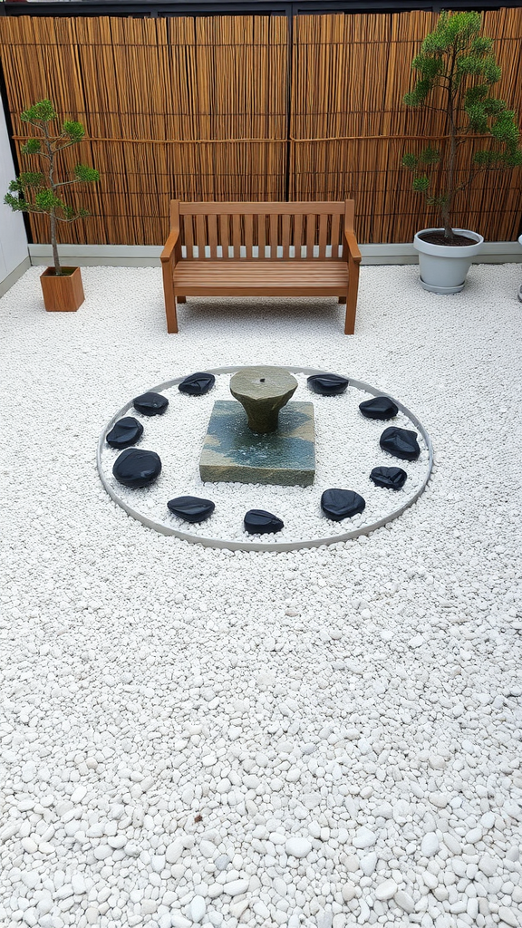 Gravel patio featuring a Zen garden with a fountain, black stones, and a wooden bench