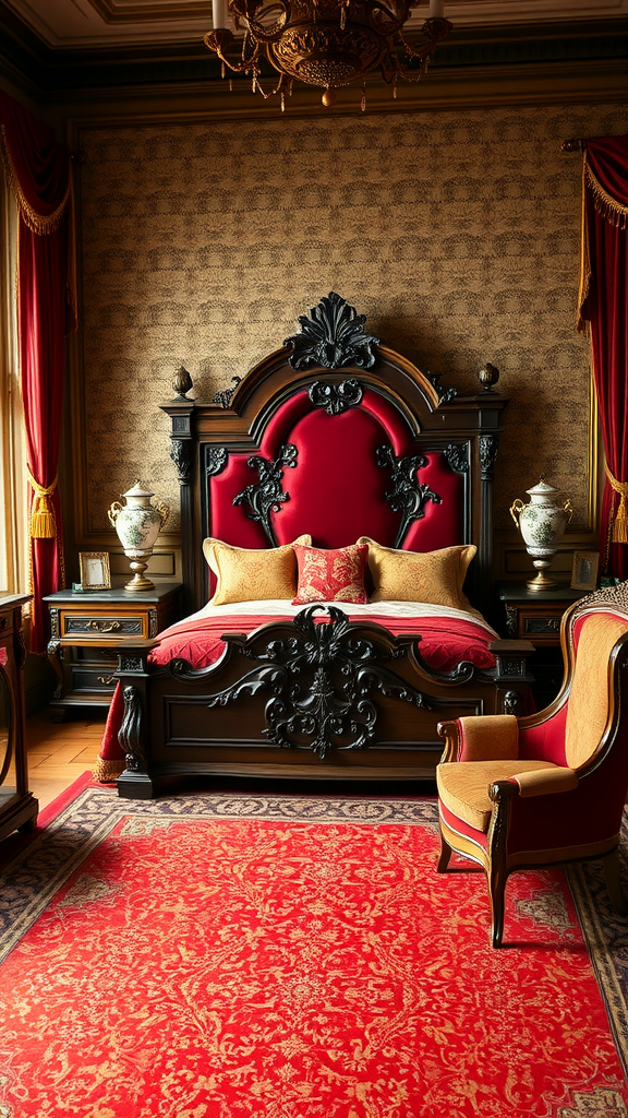 Luxe Victorian bedroom featuring a red velvet bed, intricate woodwork, and elegant decor.