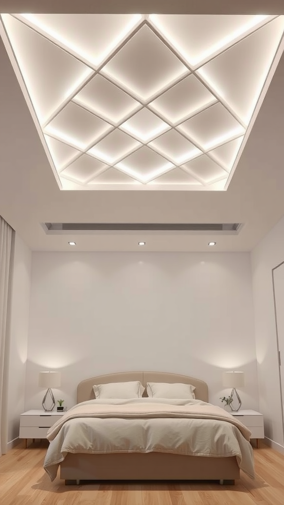 Minimalist diamond ceiling design in a bedroom with soft lighting