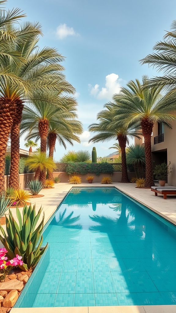 A serene pool area surrounded by palm trees and colorful plants