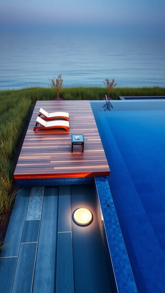 A modern pool with a wooden overwater deck overlooking a calm body of water, surrounded by greenery.