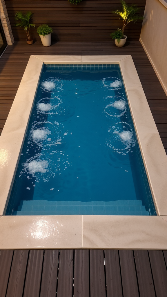 A small pool featuring water jets, surrounded by a wooden deck and potted plants.