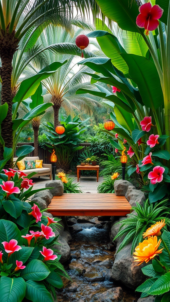 A tropical garden featuring a wooden bridge, vibrant flowers, palm trees, and lanterns.