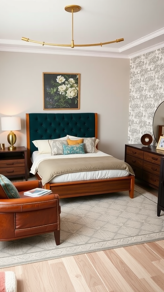 A modern bedroom featuring a vintage-modern fusion design with a teal headboard, wooden furniture, and stylish decor.