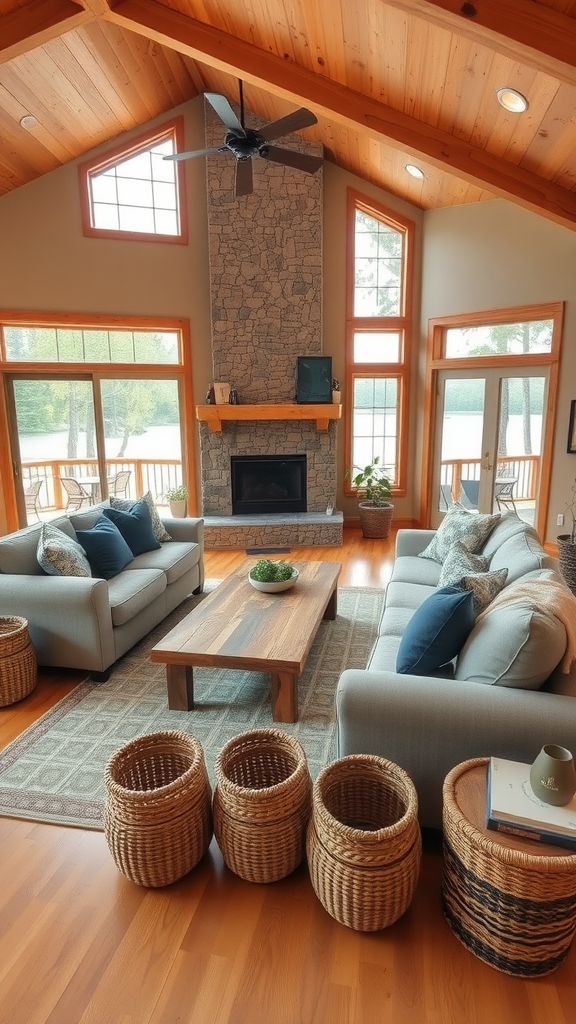 Warm lakefront family room with large windows, a stone fireplace, and comfortable seating