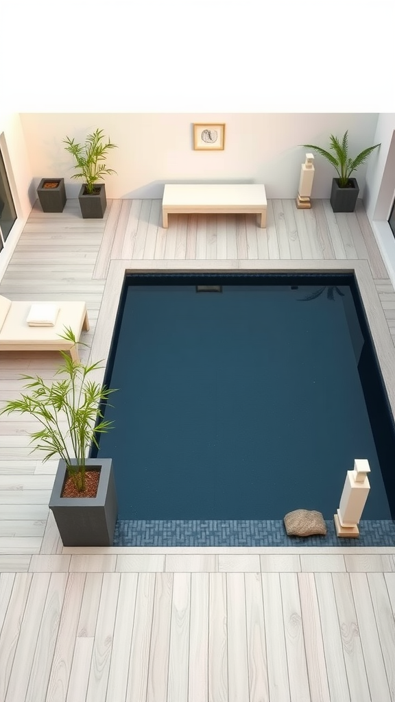 Minimalist pool deck with a dark pool, wooden flooring, and potted plants.