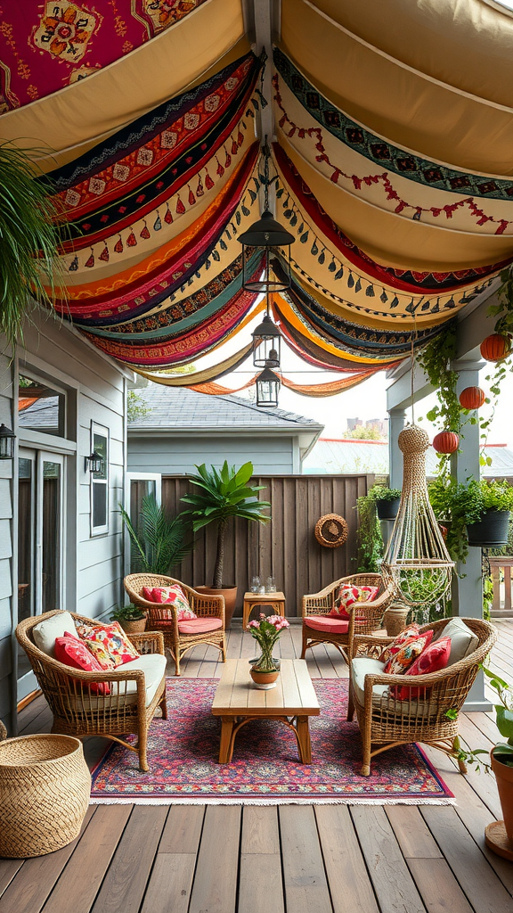 Bohemian style patio with colorful fabric roof, wicker seating, and vibrant cushions