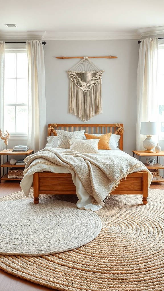 A cozy boho coastal bedroom featuring a wooden bed, macramé wall art, and circular rugs.