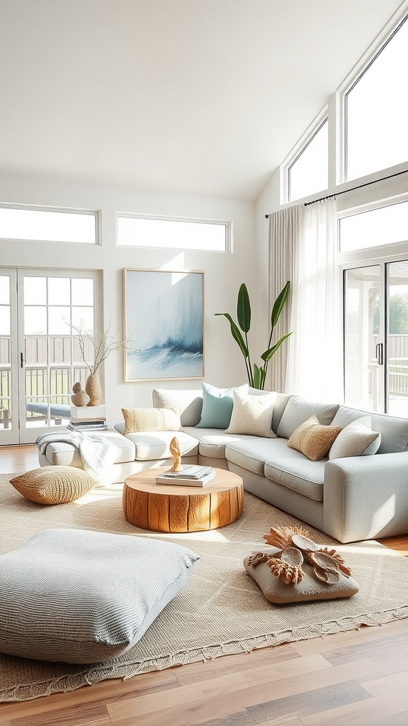 A bright and airy Boho coastal living room featuring a light gray sectional, wooden coffee table, and decorative pillows, with large windows letting in natural light.