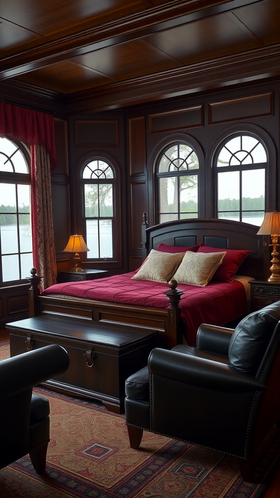 A classic lake house bedroom featuring dark wood furniture, a cozy red bedspread, and large windows overlooking a lake.