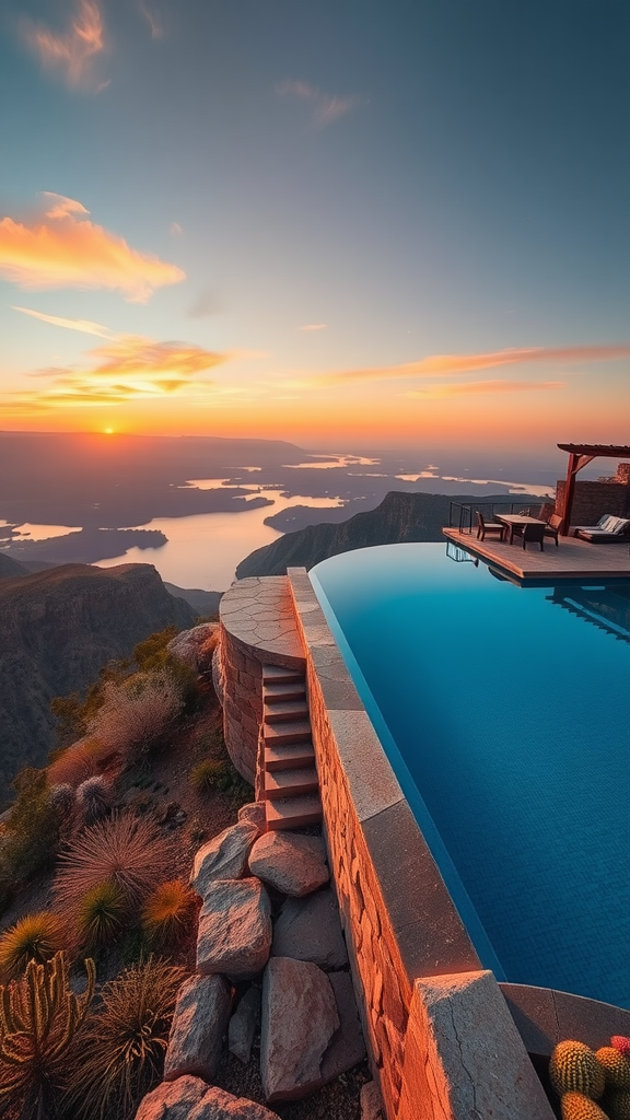 Cliffside infinity pool with a sunset view, surrounded by natural rock formations and desert plants.