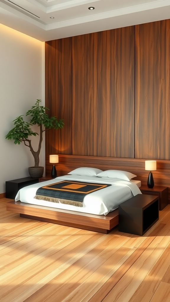 Contemporary Asian fusion bedroom with wooden elements and minimalistic decor