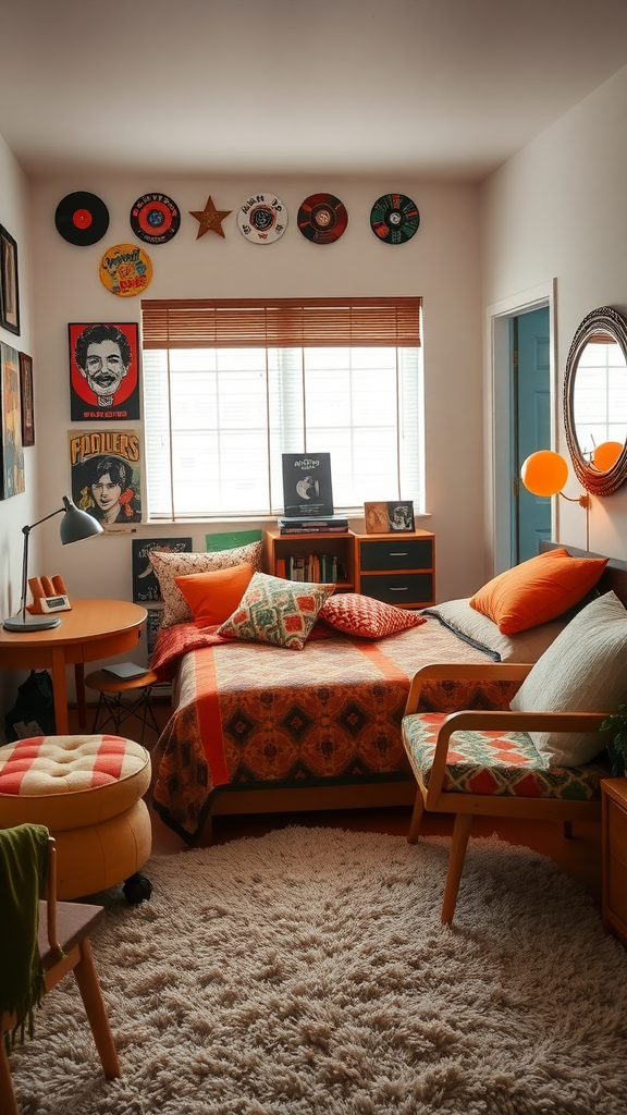 A cozy retro dorm room with colorful decor, vintage records on the wall, and a warm, inviting atmosphere.