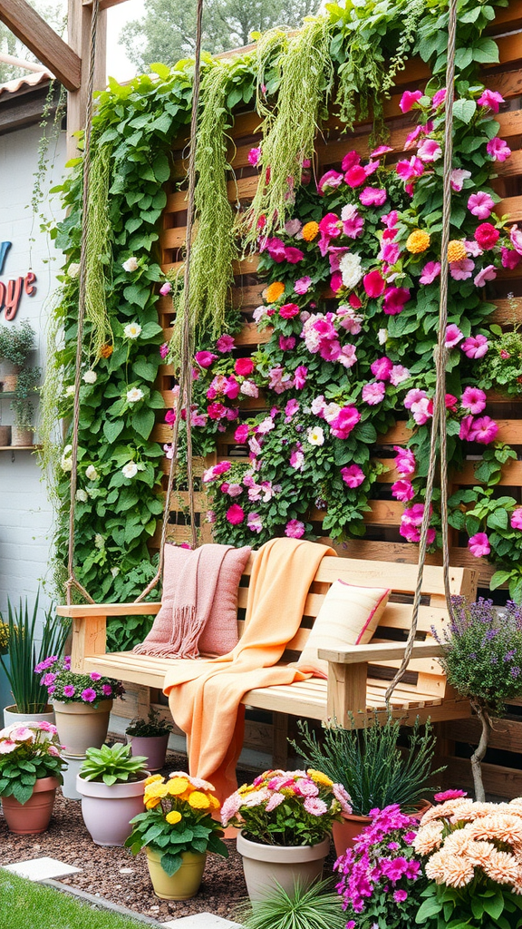 A cozy wooden swing surrounded by a vibrant flower wall garden with potted plants.