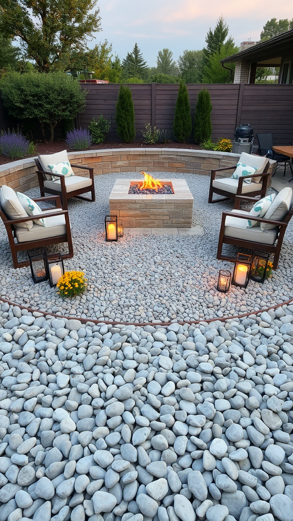 Gravel patio featuring a raised fire pit area surrounded by seating and decorative lanterns.