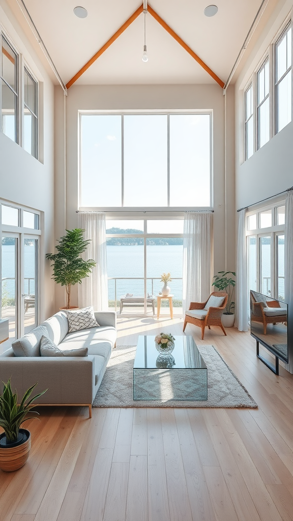 A bright lakeside living room with large windows, modern furniture, and a beautiful view of the lake.