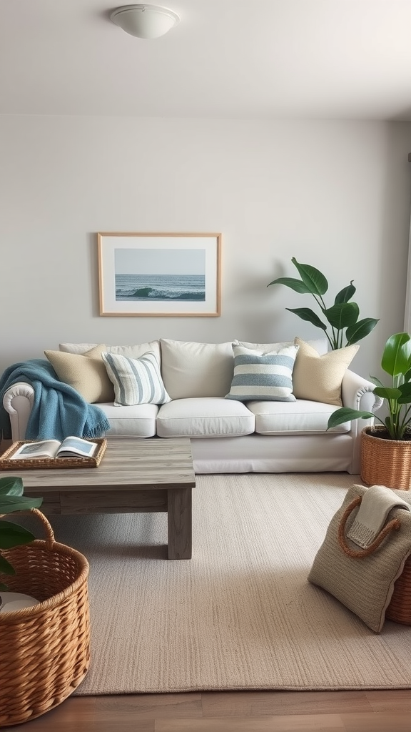 A neutral coastal living room featuring a white couch with blue and beige pillows, wooden coffee table, and decorative plants.