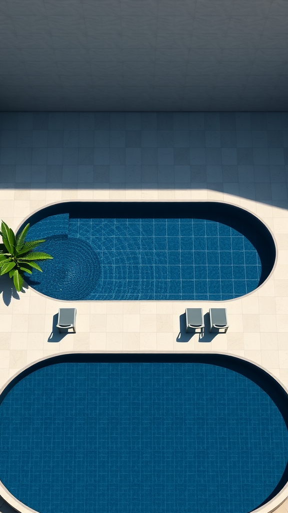 Aerial view of two oval-shaped pools with a minimalist design, surrounded by light tiles and a tropical plant.