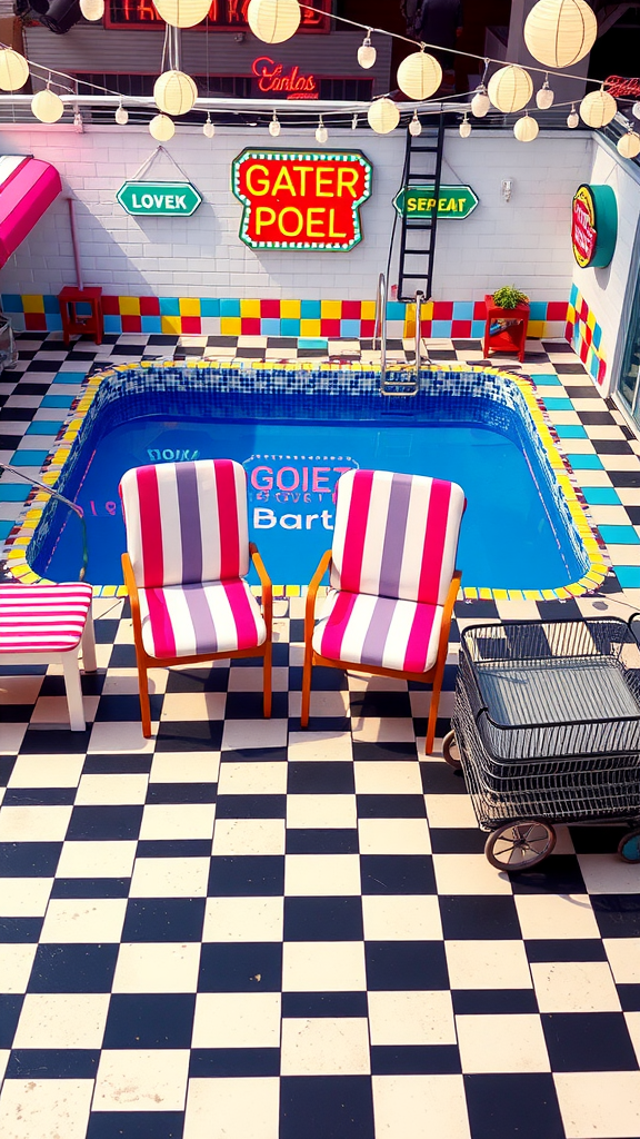 A colorful retro pool deck with a pool, lounge chairs, neon signs, and a vintage bar area.