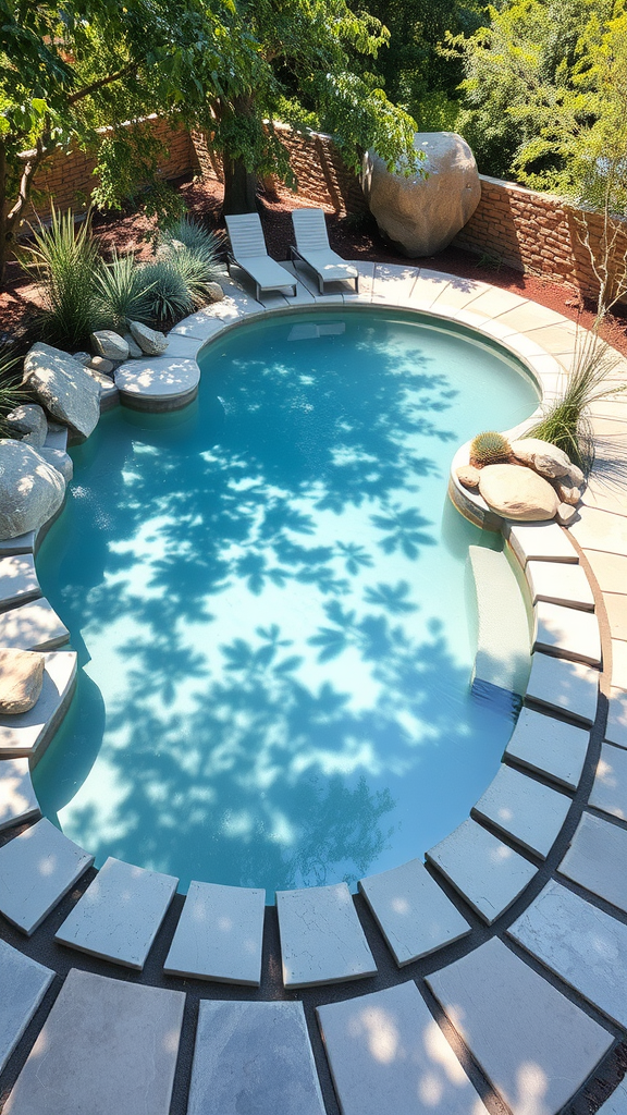 A small, curved pool surrounded by a rock garden and lounge chairs