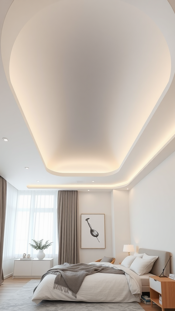 A bright bedroom featuring a smooth arch pop ceiling with soft lighting, neutral colors, and minimalist decor.