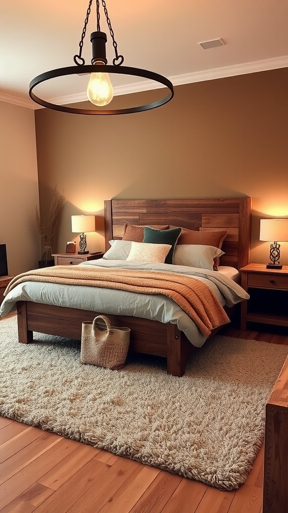 A warm and inviting rustic modern bedroom with a wooden bed, brown walls, and cozy decor.