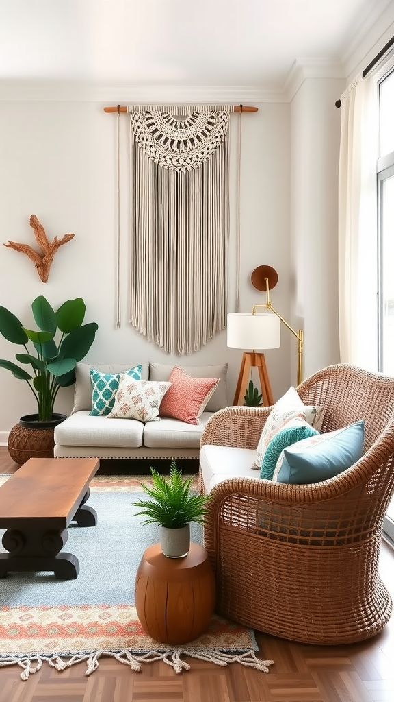 A boho coastal living room featuring a macramé wall hanging, rattan chairs, colorful cushions, a wooden coffee table, and plants.