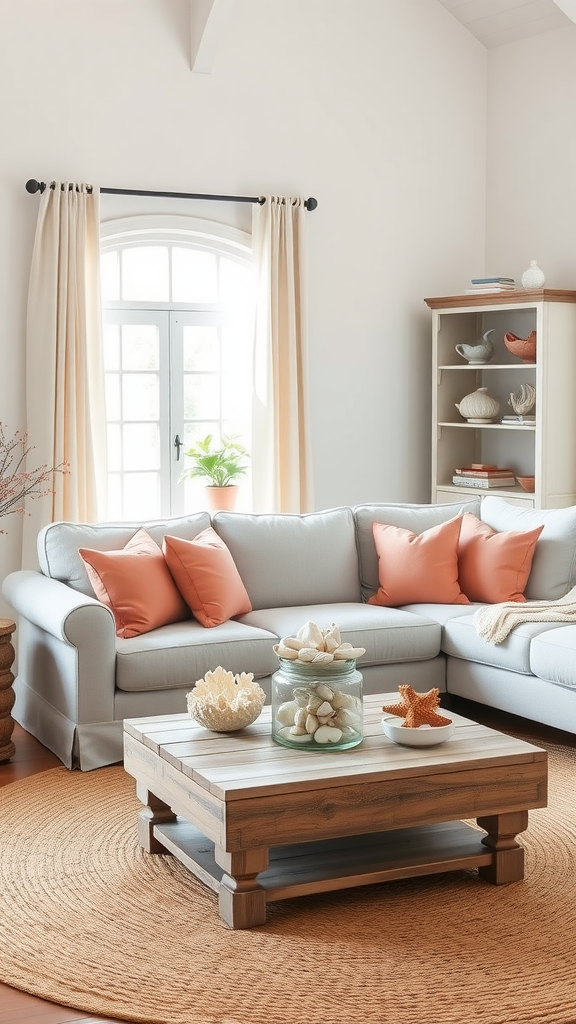 Cozy coastal living room with light blue couch and coral pillows, wooden coffee table with shells, and natural light from the window.