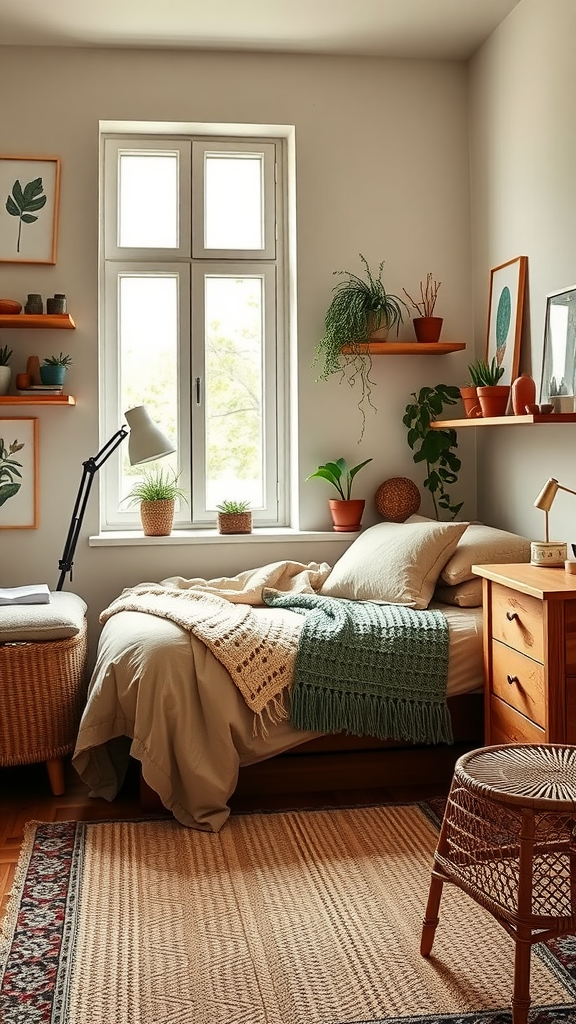 Cozy dorm room with plants, soft bedding, and warm wooden furniture.