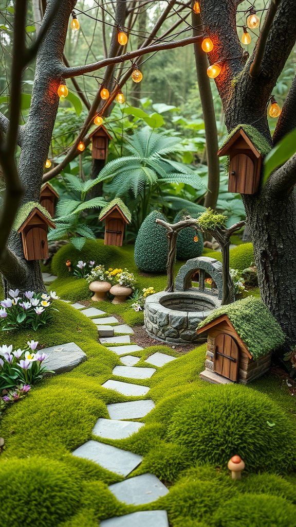 A whimsical fairy garden featuring stone pathways, birdhouses, and string lights amidst lush greenery.