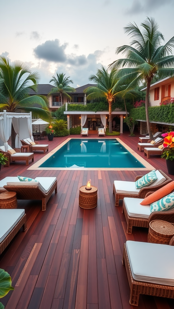 Luxury tropical resort pool deck with wooden flooring, lounge chairs, and palm trees.