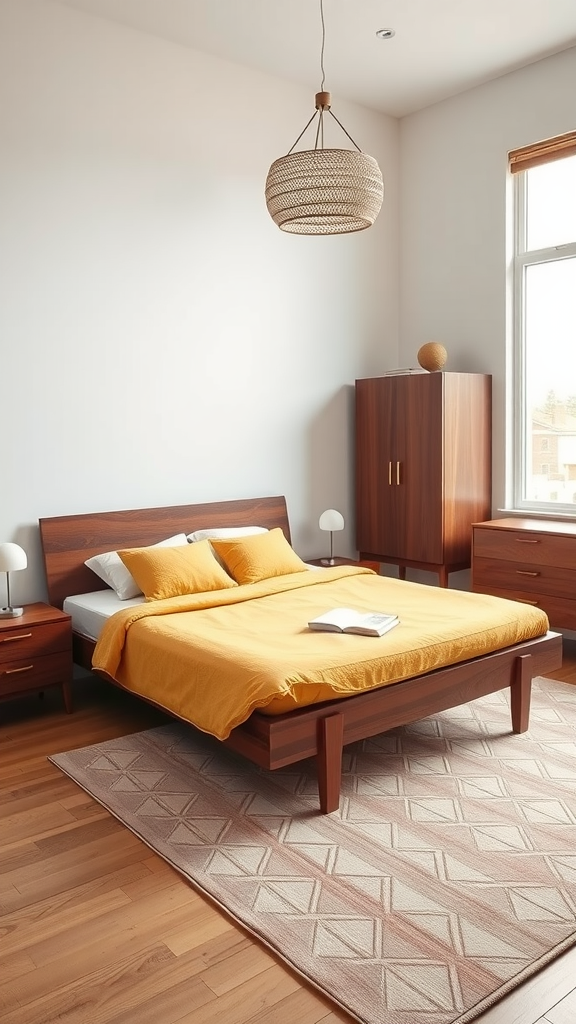 A mid-century modern bedroom featuring a wooden bed with yellow bedding, wooden furniture, and a stylish light fixture