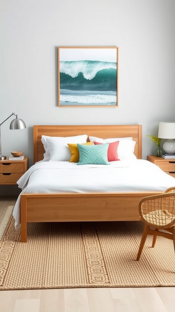 A modern boho coastal bedroom featuring a wooden bed frame, colorful throw pillows, ocean wave artwork, and a rattan chair.