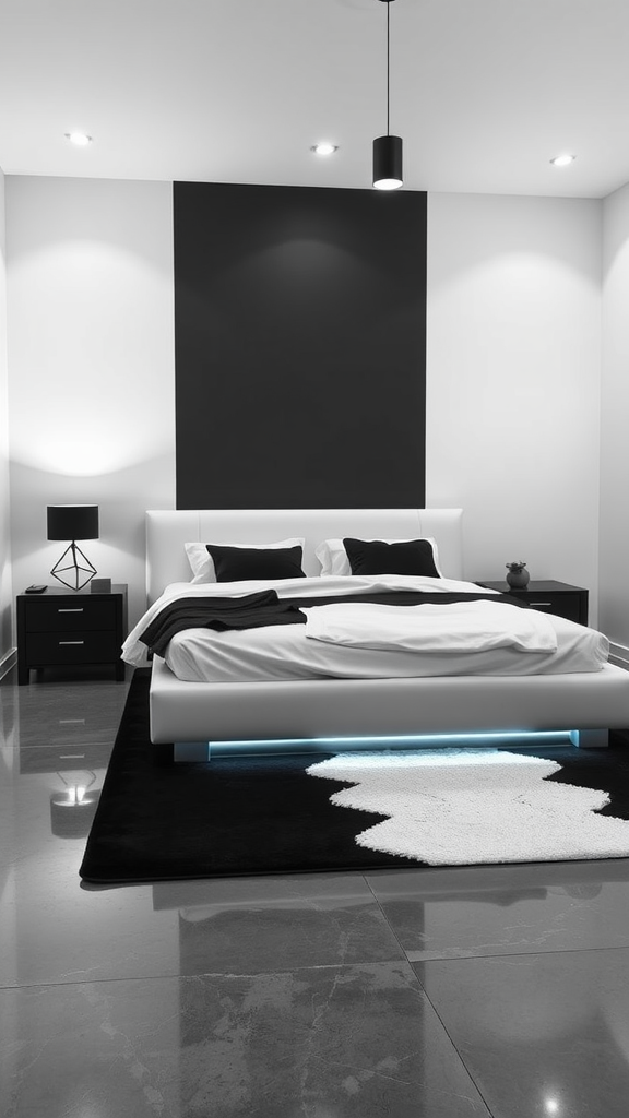 A modern monochrome minimalist bedroom featuring a black accent wall, white bed linens, and sleek furniture.