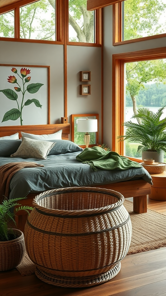 A cozy lake house bedroom with large windows, wooden accents, and plants, showcasing a nature-inspired decor style.