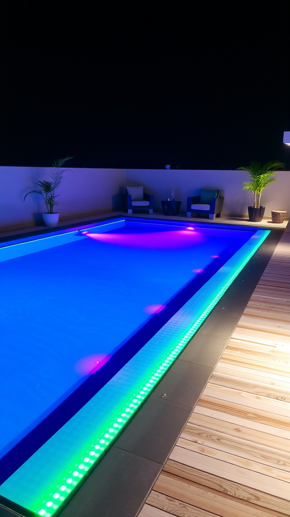 A modern pool at night with LED lighting features in blue and green colors, surrounded by wooden decking and chairs.