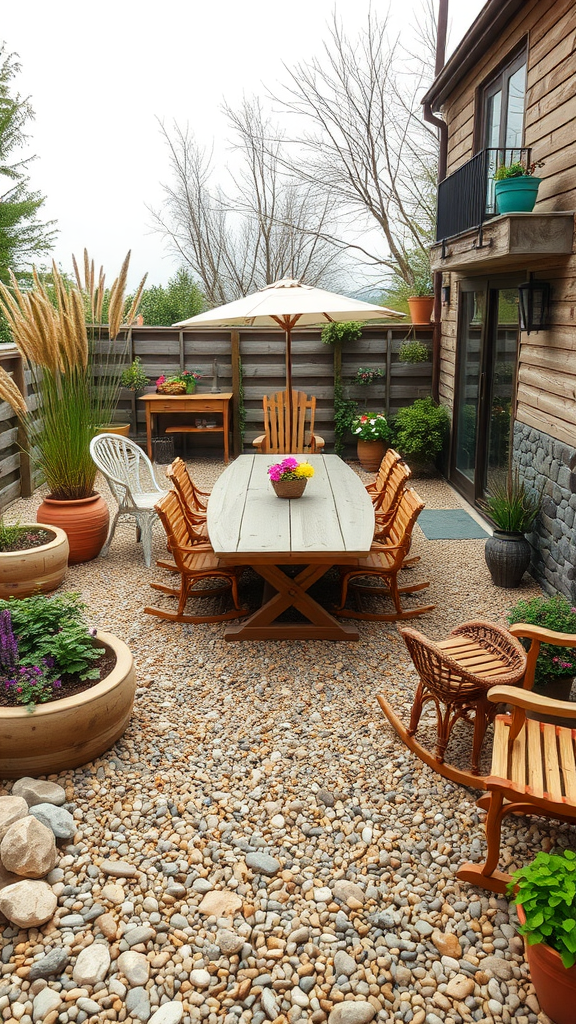 A rustic gravel patio featuring a large wooden table surrounded by chairs, with colorful planters and an umbrella for shade.