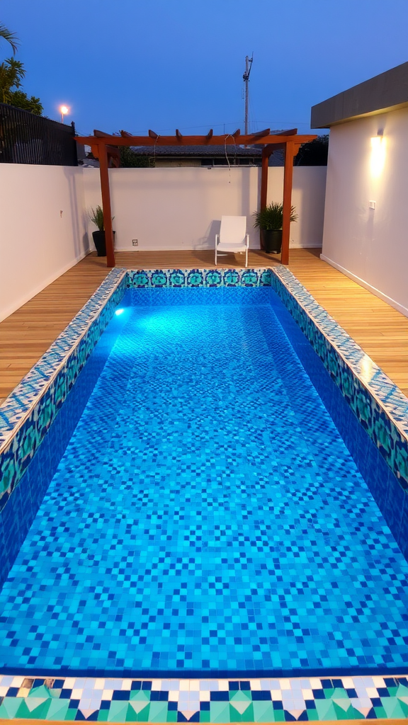 A small pool with vibrant mosaic tiles, surrounded by wooden decking and a pergola.