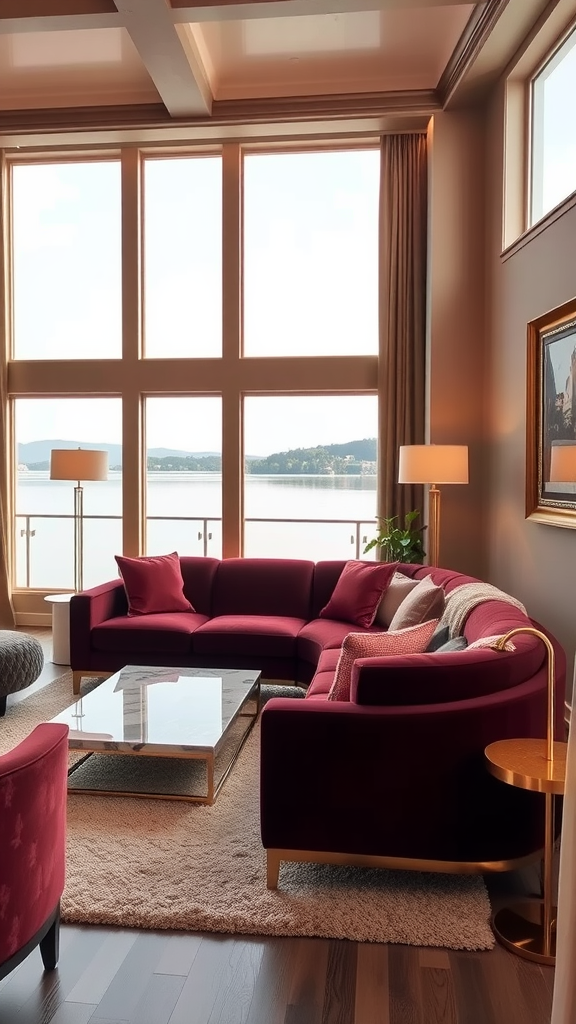 Sophisticated lake house lounge featuring a burgundy sectional sofa, large windows with lake view, and modern decor.