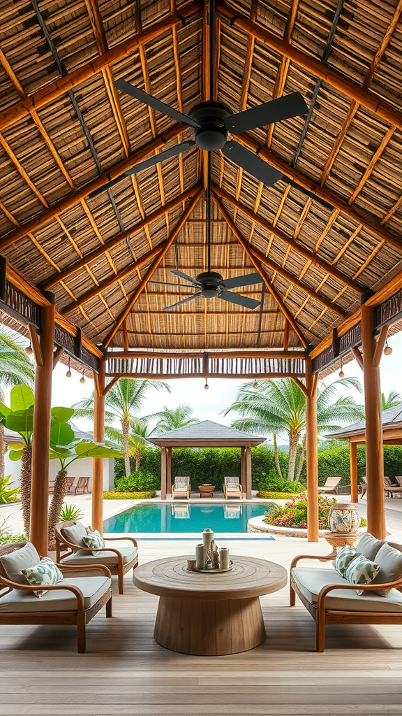 Tropical resort patio with a thatched roof, pool view, and comfortable seating.