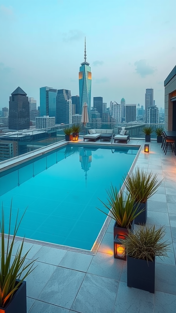 A modern rooftop pool with city skyline views, featuring loungers and potted plants.