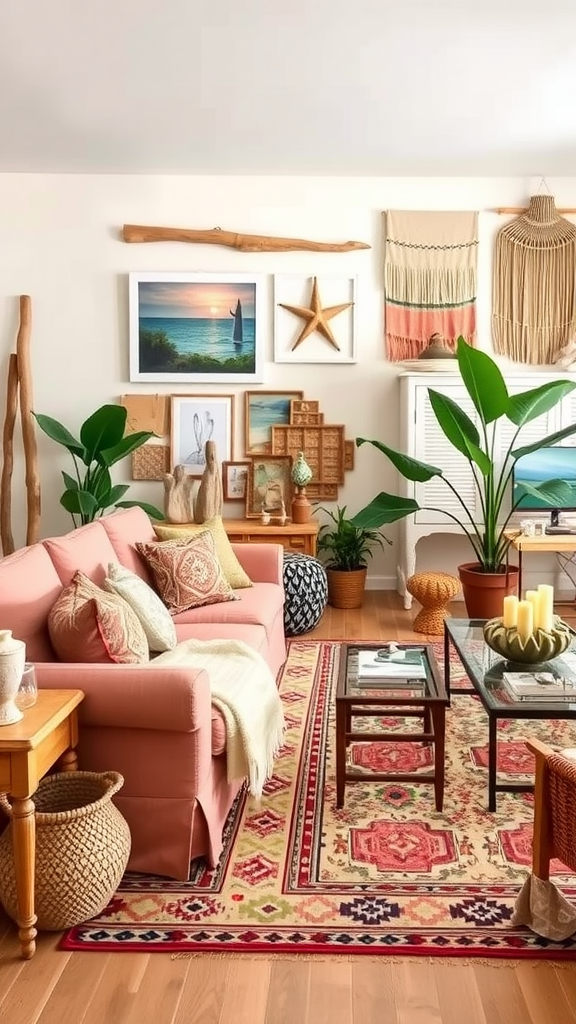 A cozy living room featuring a pink sofa, colorful patterned rug, plants, and handmade wall decor.