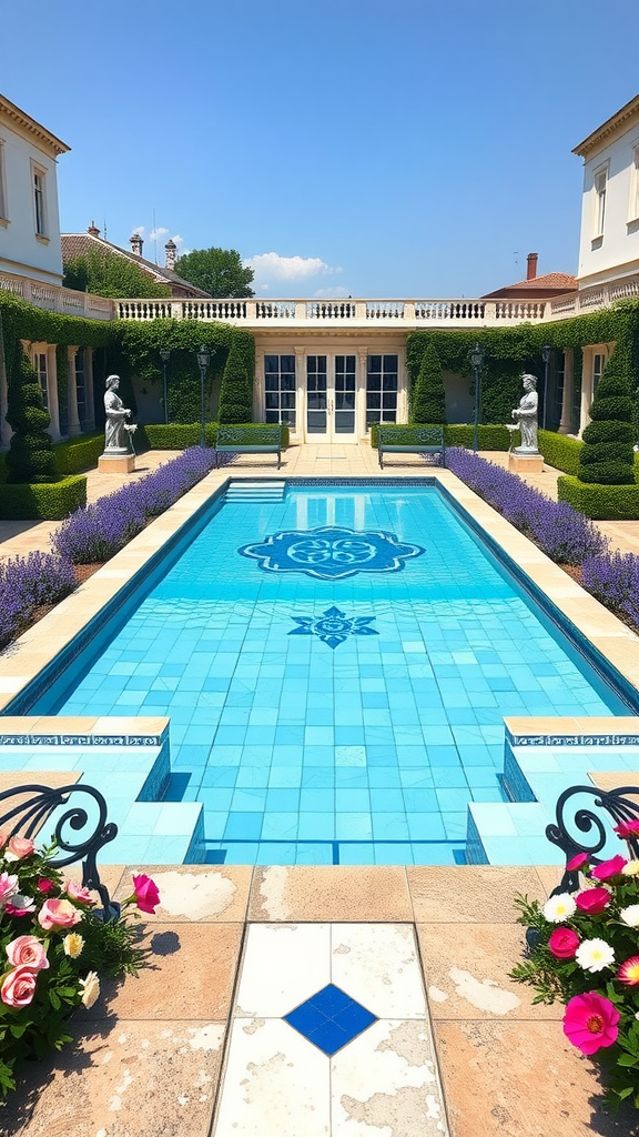 A classic French garden pool surrounded by lush greenery and vibrant flowers, showcasing elegant design.