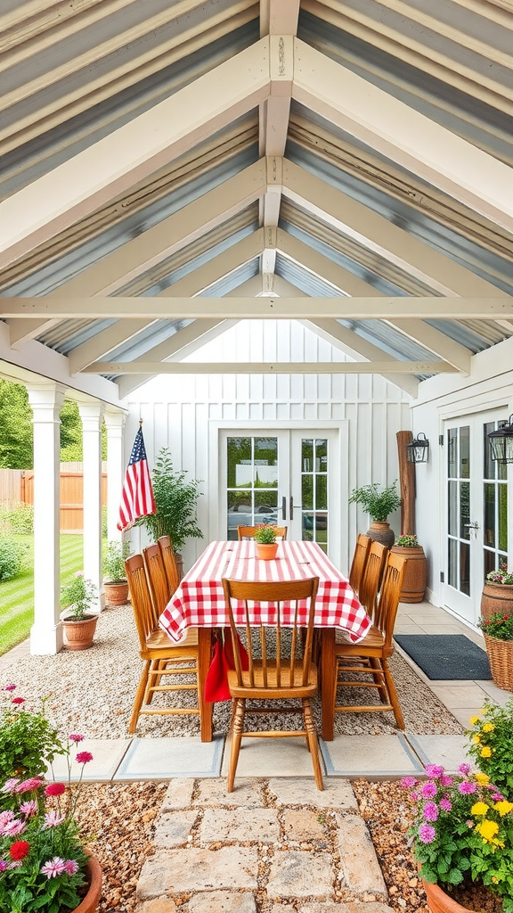 A country farm patio with a roof extension, featuring a red and white checkered tablecloth, wooden chairs, potted plants, and vibrant flowers.