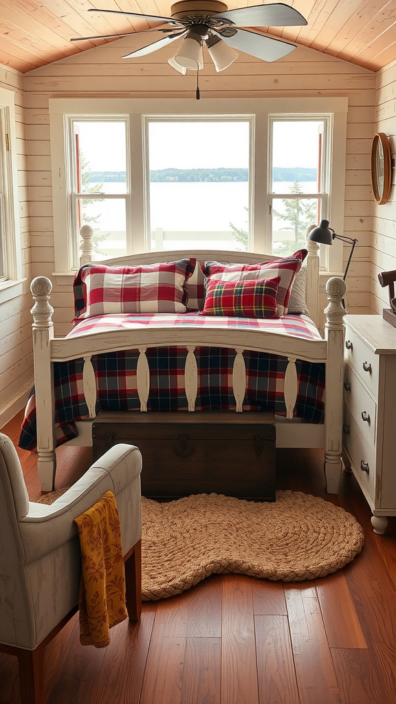 Cozy lake house bedroom with plaid bedding, wooden ceiling, and large windows overlooking a lake.