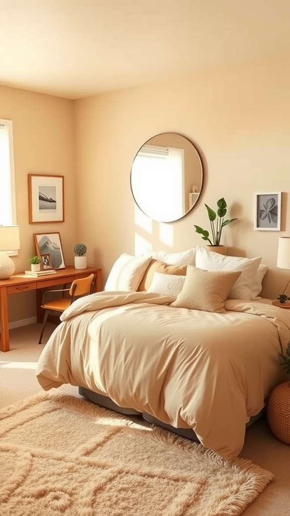 Cozy beige dorm room with soft bedding, a round mirror, and a workspace