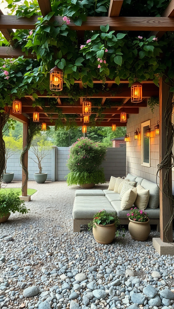 Gravel patio with a pergola, hanging lanterns, and comfortable seating surrounded by greenery and potted plants.