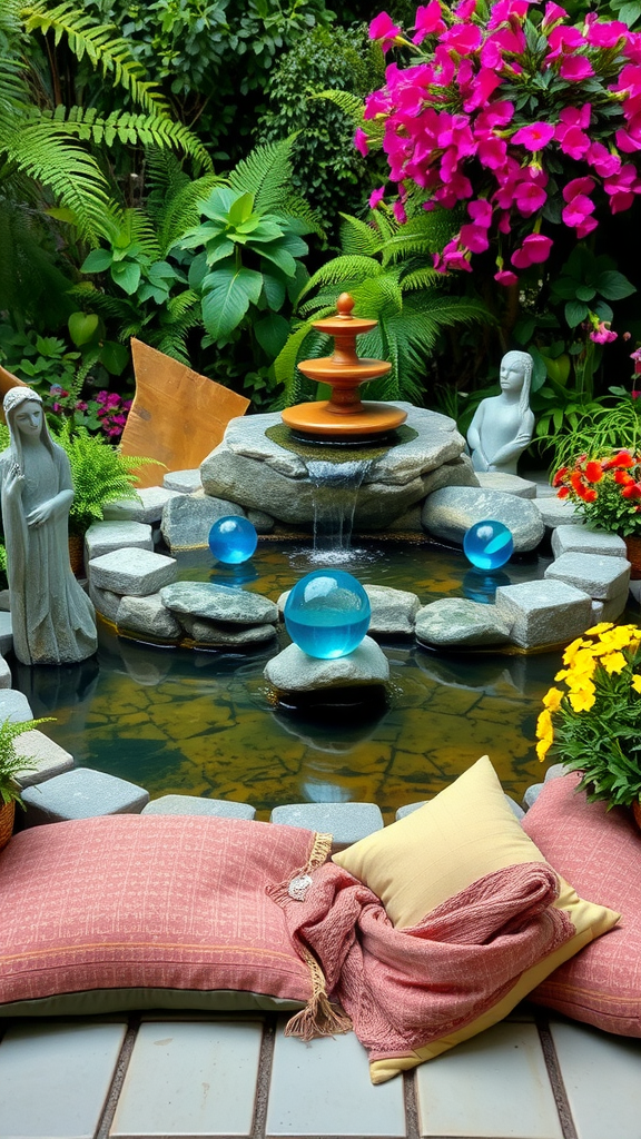 A tranquil hippie garden featuring a fountain, colorful glass balls, and comfortable seating among vibrant flowers.