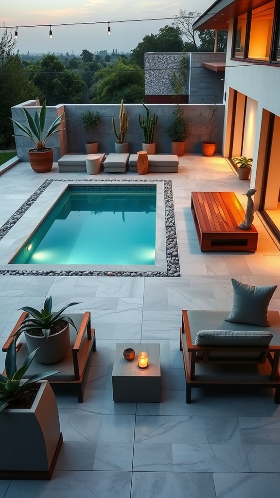 Mid-century modern pool deck with a small pool, comfortable seating, and potted plants